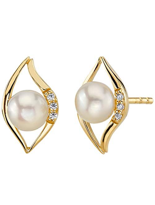 Peora Freshwater Cultured White Pearl Stud Earrings in 14K Yellow Gold, Round Button Shape, 5mm Open Leaf Halo Solitaire Design, Friction Backs