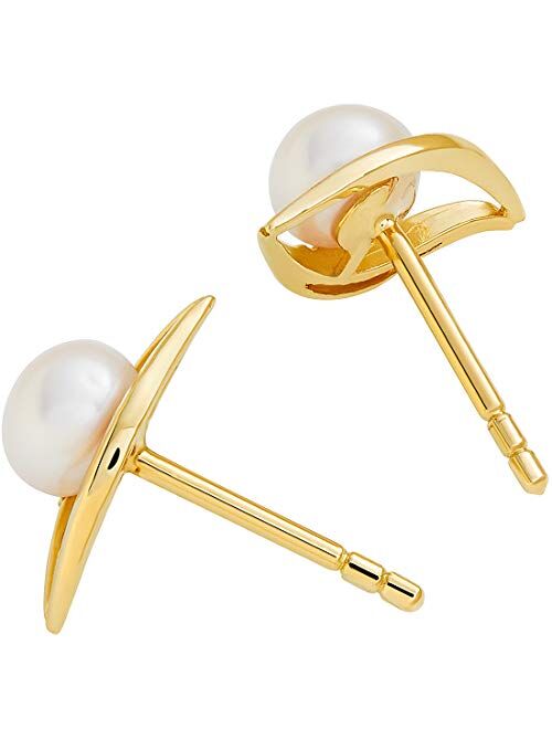 Peora Freshwater Cultured White Pearl Stud Earrings in 14K Yellow Gold, Round Button Shape, 5mm Open Leaf Halo Solitaire Design, Friction Backs