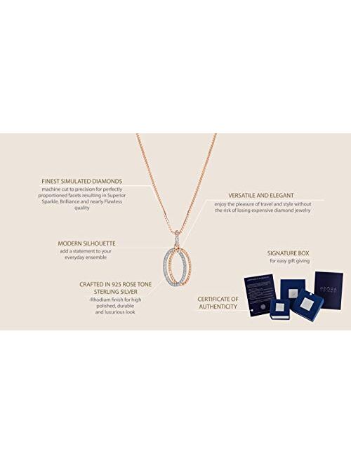 Peora Rose Gold-tone Sterling Silver Dual Oval Rope Pendant Necklace for Women with Cubic Zirconia, with 18 inch Chain