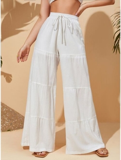 VCAY Tie Waist Ruffle Hem Wide Leg Pants