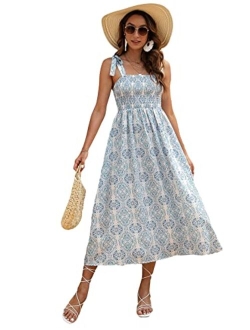 Women's Summer Boho Dress Floral Print Spaghetti Strap Square Neck Shirred Maxi Dress Beach Sun Dress