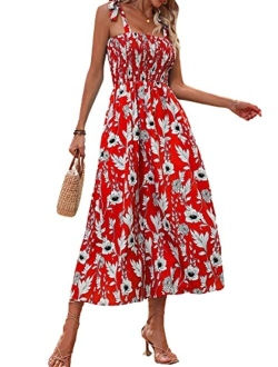 Women's Summer Boho Dress Floral Print Spaghetti Strap Square Neck Shirred Maxi Dress Beach Sun Dress