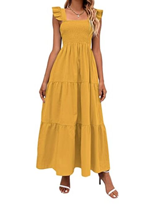 MakeMeChic Women's Summer Boho Dress Floral Print Spaghetti Strap Square Neck Shirred Maxi Dress Beach Sun Dress