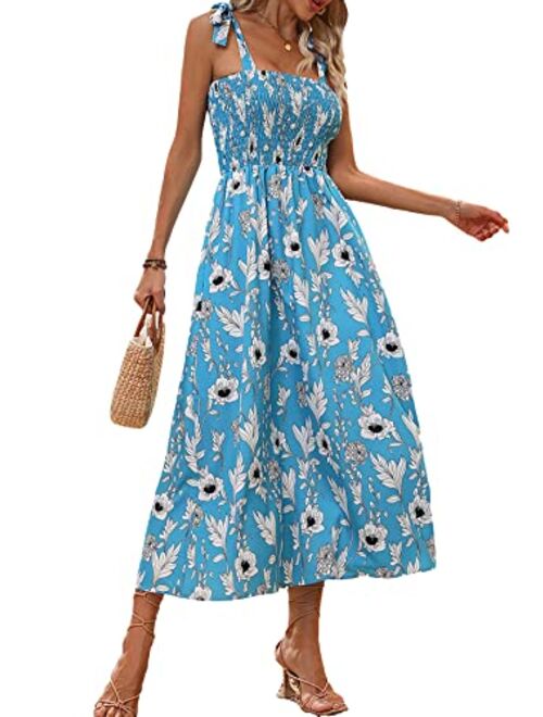 MakeMeChic Women's Summer Boho Dress Floral Print Spaghetti Strap Square Neck Shirred Maxi Dress Beach Sun Dress