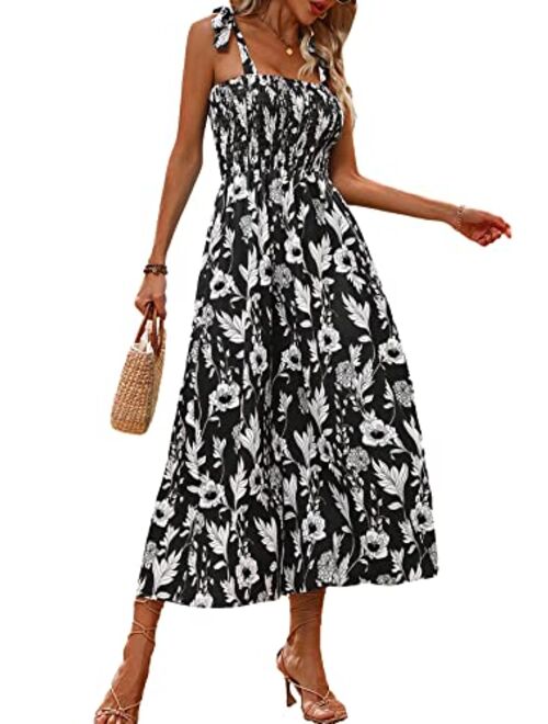 MakeMeChic Women's Summer Boho Dress Floral Print Spaghetti Strap Square Neck Shirred Maxi Dress Beach Sun Dress