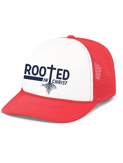 Heritage Pride Mens Christian Rooted in Christ Embroidered Rope Hat Foam Front Mesh Back Trucker Hat