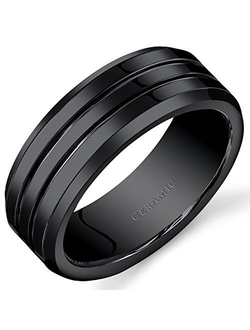 Peora Mens 8mm Black Ceramic Wedding Band Ring Twin Grooves Sizes 7 to 14