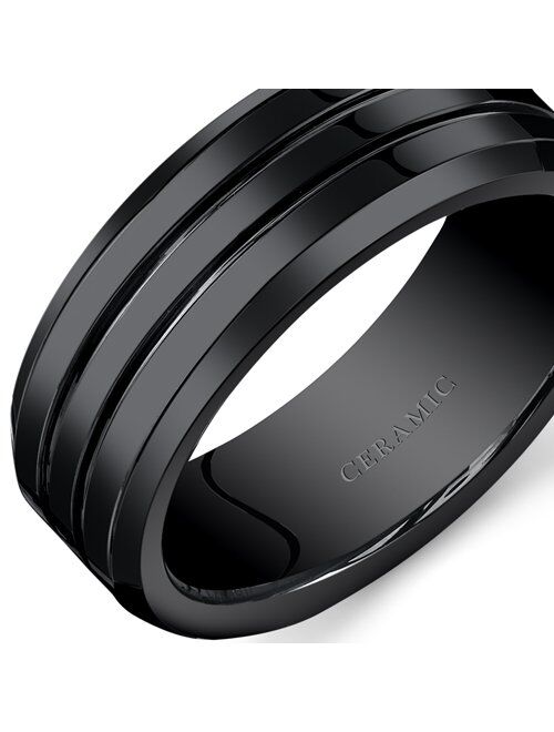 Peora Mens 8mm Black Ceramic Wedding Band Ring Twin Grooves Sizes 7 to 14