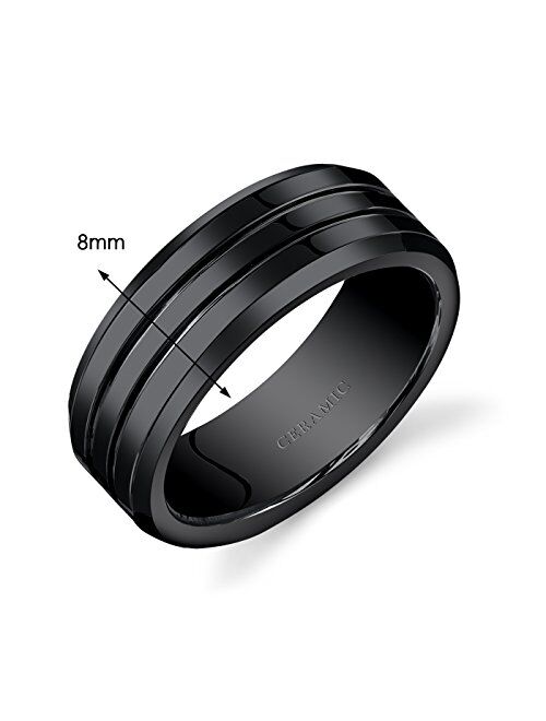 Peora Mens 8mm Black Ceramic Wedding Band Ring Twin Grooves Sizes 7 to 14