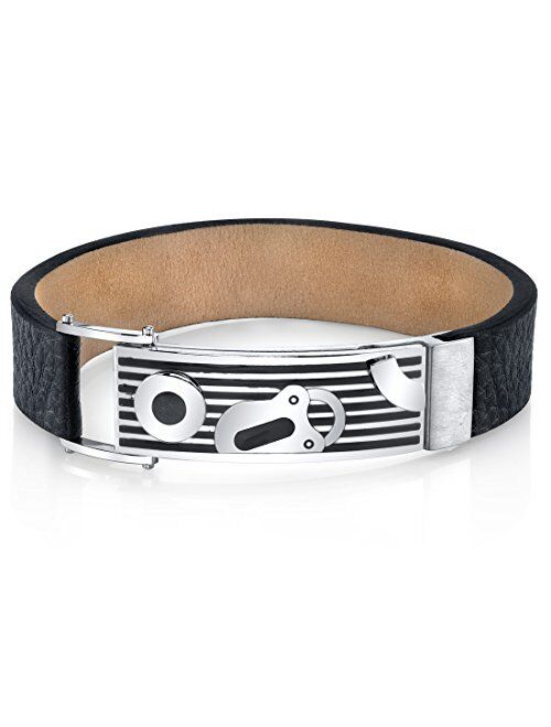 Peora Custom Men's Black Leather and Stainless Steel Bracelet, Sleek Lock Design, Fold-Over Clasp, 8.25 Inches