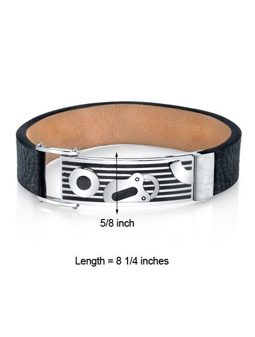 Peora Custom Men's Black Leather and Stainless Steel Bracelet, Sleek Lock Design, Fold-Over Clasp, 8.25 Inches