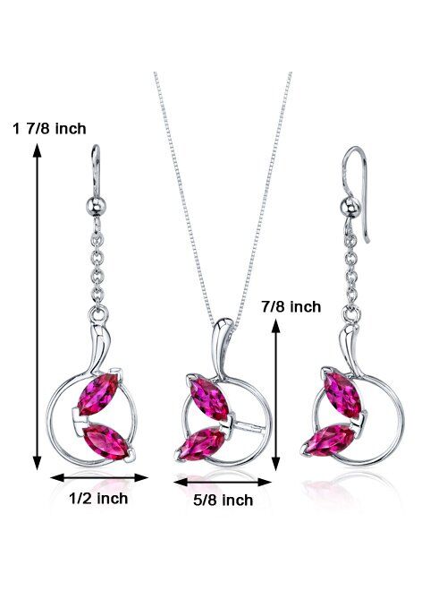 Peora Created Ruby Earrings Pendant Necklace Jewelry Set for Women in Sterling Silver, Leaf Motif Design, 4.50 Carats total, with 18 inch Chain