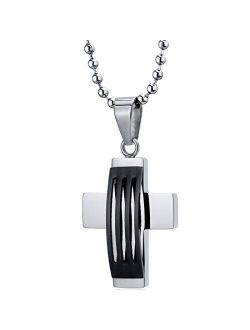 Mens Stainless Steel Cross Necklace Religious Fathers Day Gift, Black Enamel, 22 Inch Chain