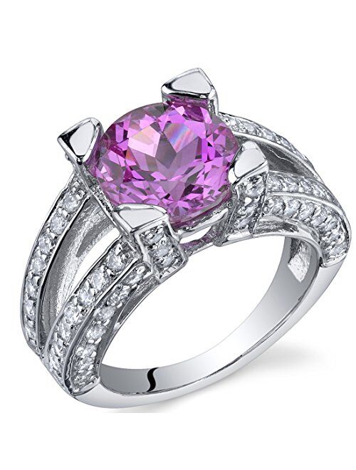 Peora Created Pink Sapphire Ring Sterling Silver Rhodium Nickel Finish Round Shape 3.75 Carats Sizes 5 to 9