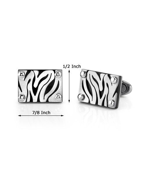 Peora Mens Cuff Links Polished Stainless Steel Black and Silver Zebra Patterned Luxury Shirt Cufflinks, Fathers Day with Gift Box