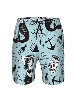 SARA NELL Mens Mermaid and Skull Swim Trunks Board Shorts Beach Swimwear Bathing Suit with Mesh Lined and Pockets