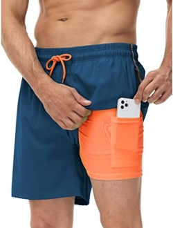 Seisocho Mens Swim Trunks with Compression Liner Swim Shorts Bathing Suits Swimwear Zipper Pockets