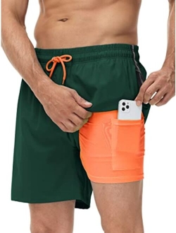 Seisocho Mens Swim Trunks with Compression Liner Swim Shorts Bathing Suits Swimwear Zipper Pockets