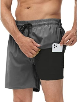 Seisocho Mens Swim Trunks with Compression Liner Swim Shorts Bathing Suits Swimwear Zipper Pockets