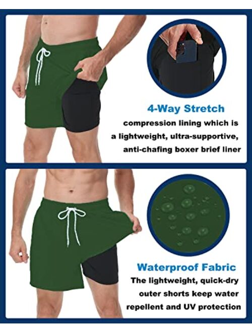 Seisocho Mens Swim Trunks with Compression Liner Swim Shorts Bathing Suits Swimwear Zipper Pockets