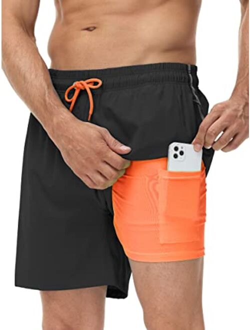 Seisocho Mens Swim Trunks with Compression Liner Swim Shorts Bathing Suits Swimwear Zipper Pockets