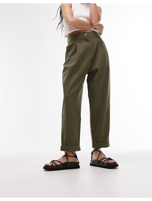 Topshop high rise pleated peg pants in khaki