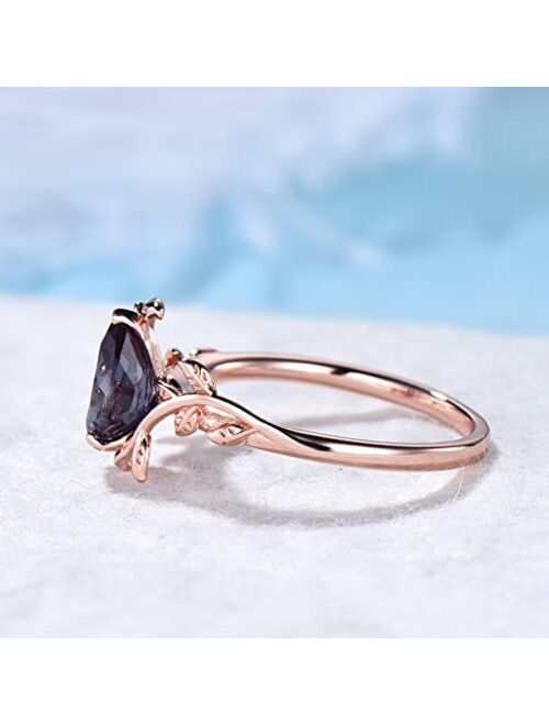 Bbbgem Unique vintage solitaire pear shaped Alexandrite engagement ring leaf flower minimalist ring for women 14k rose gold anniversary ring gifts