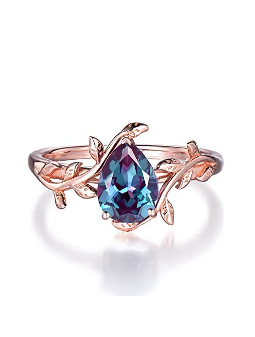 Bbbgem Unique vintage solitaire pear shaped Alexandrite engagement ring leaf flower minimalist ring for women 14k rose gold anniversary ring gifts