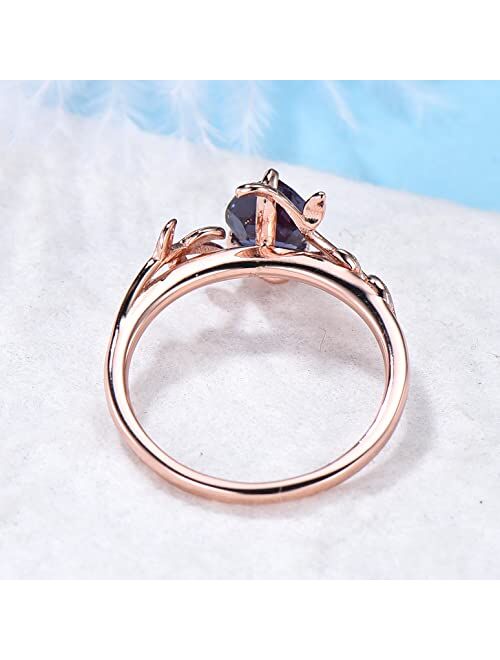 Bbbgem Unique vintage solitaire pear shaped Alexandrite engagement ring leaf flower minimalist ring for women 14k rose gold anniversary ring gifts