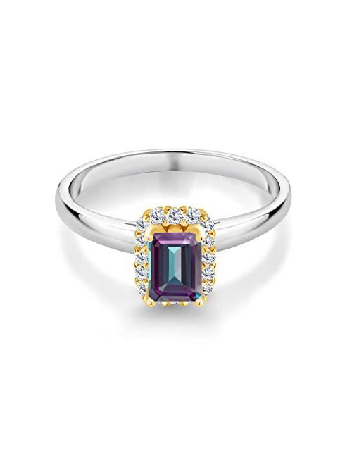 Gem Stone King 925 Sterling Silver Ring with 10K Yellow Gold Prongs Emerald Cut Purplish Created Alexandrite and Moissanite (0.79 Cttw)