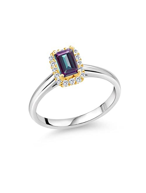 Gem Stone King 925 Sterling Silver Ring with 10K Yellow Gold Prongs Emerald Cut Purplish Created Alexandrite and Moissanite (0.79 Cttw)