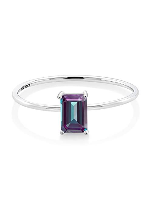 Gem Stone King 0.65 Ct Emerald Cut Purplish Created Alexandrite 10K White Gold Ring