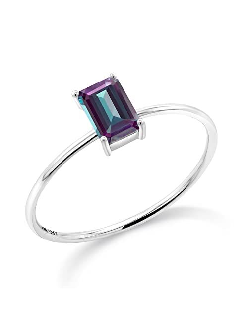 Gem Stone King 0.65 Ct Emerald Cut Purplish Created Alexandrite 10K White Gold Ring