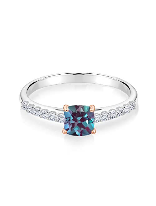 Gem Stone King 925 Sterling Silver Ring Cushion Purplish Created Alexandrite and Moissanite (0.93 Cttw)