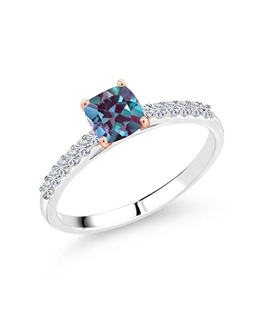 Gem Stone King 925 Sterling Silver Ring Cushion Purplish Created Alexandrite and Moissanite (0.93 Cttw)