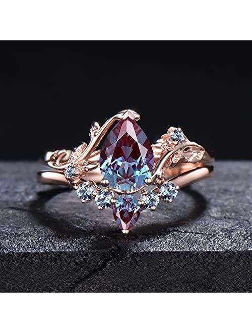 Bbbgem 1.25ct Teardrop Color-Change Alexandrite Bridal Set Nature Inspired Pear Alexandrite Engagement Ring Leaf Vine Branch Wedding Ring Set Unique Anniversary/Proposal 