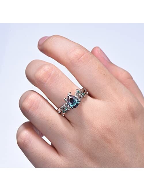 Bbbgem Sterling Silver/10k/14k/18k Solid Rose Gold 1.25ct Natural Inspired Leaf Color-Change Alexandrite Ring Set Cluster Green Emerald Engagement Ring Women Unique Pear 