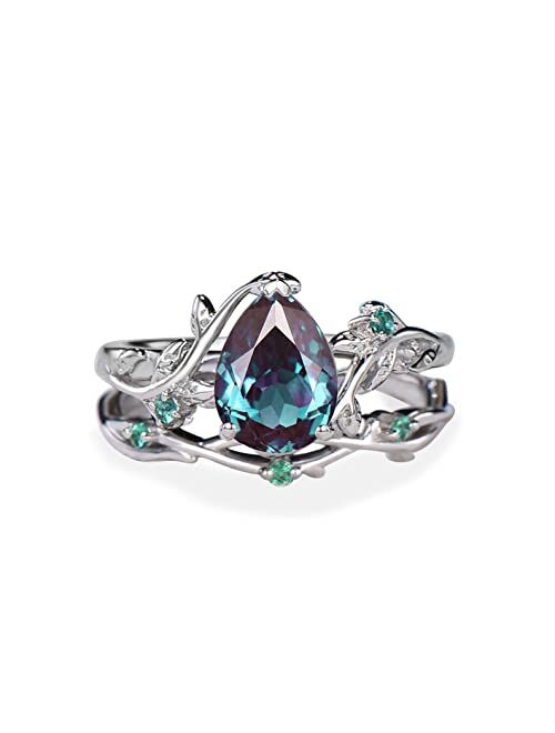 Bbbgem Sterling Silver/10k/14k/18k Solid Rose Gold 1.25ct Natural Inspired Leaf Color-Change Alexandrite Ring Set Cluster Green Emerald Engagement Ring Women Unique Pear 