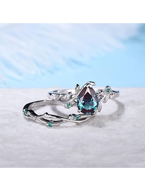 Bbbgem Sterling Silver/10k/14k/18k Solid Rose Gold 1.25ct Natural Inspired Leaf Color-Change Alexandrite Ring Set Cluster Green Emerald Engagement Ring Women Unique Pear 