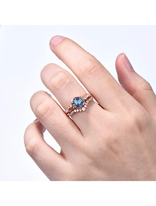 Bbbgem Nature Inspired 1ct Hexagon Color-Change Alexandrite Ring Set Sterling Silver/10K/14K/18K Rose Gold June Birthstone Engagement Ring Branch Leaf Vine Moissanite Rin