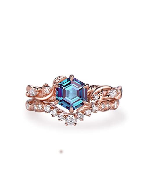 Bbbgem Nature Inspired 1ct Hexagon Color-Change Alexandrite Ring Set Sterling Silver/10K/14K/18K Rose Gold June Birthstone Engagement Ring Branch Leaf Vine Moissanite Rin