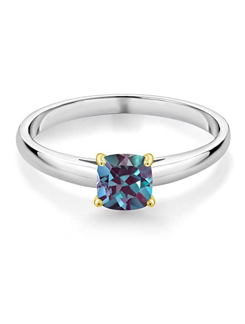 Gem Stone King 0.75 Ct Cushion Purplish Created Alexandrite 925 Sterling Silver Ring with 10K Yellow Gold Prongs Ring