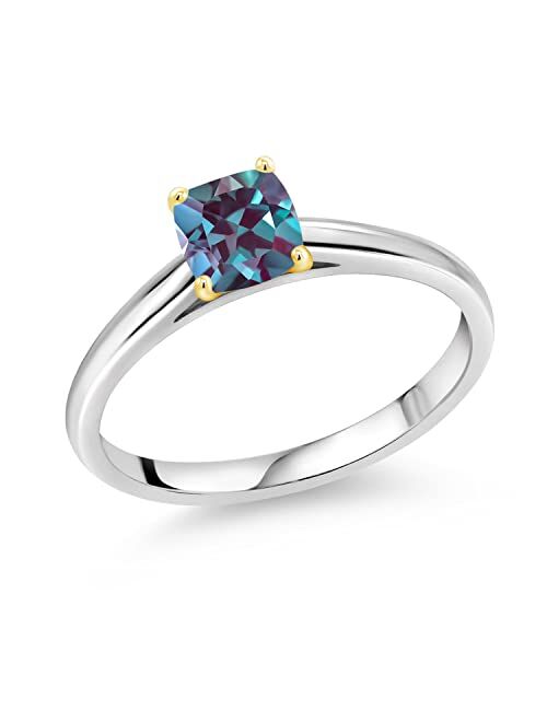 Gem Stone King 0.75 Ct Cushion Purplish Created Alexandrite 925 Sterling Silver Ring with 10K Yellow Gold Prongs Ring