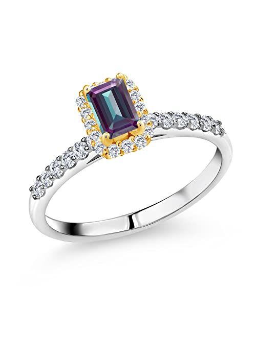 Gem Stone King 0.97 Ct Purplish Created Alexandrite G-H Lab Grown Diamond 10K White Gold Ring with Yellow Gold Prongs