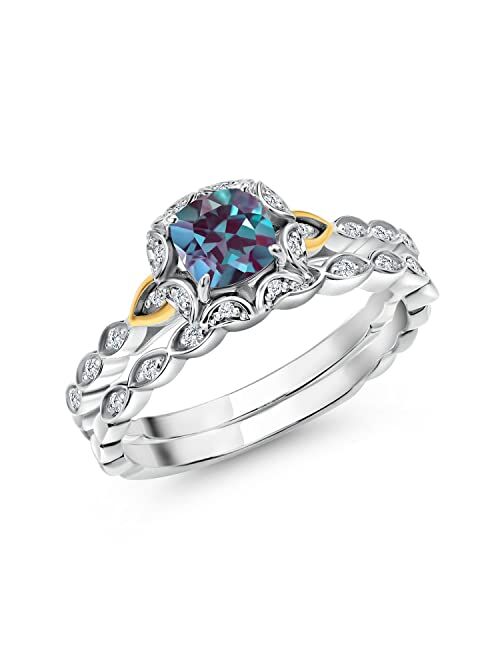 Gem Stone King 925 Silver and 10K Yellow Gold Lab Grown Diamond Bridal Ring Set for Women Purplish Created Alexandrite (0.88 Cttw, 5mm Cushion Cut, Available in Size 5,6,