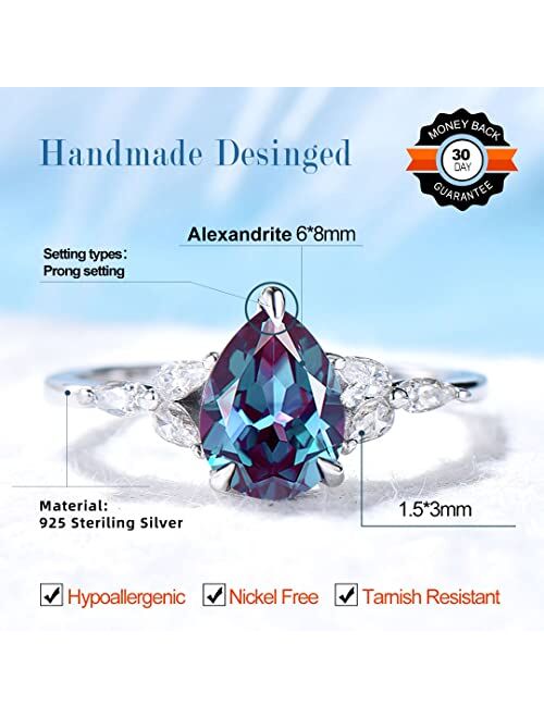 Bbbgem Sterling Silver Pear Shaped Engagement Ring Color Changing Alexandrite Ring Unique Promise Ring Personalized Birthday Anniversary Gift for Women June Birthstone Ri