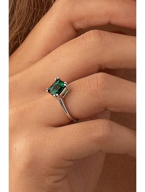 Peora Created Emerald Classic Solitaire Ring for Women in 14K White Gold, 2 Carats Princess Cut 8mm, Comfort Fit, Sizes 5 to 9