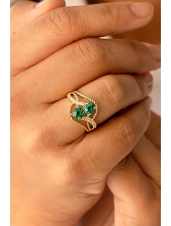 Created Emerald Two-Stone Ring for Women 14K Yellow Gold, 1 Carat total Round Shape, Sizes 5 to 9