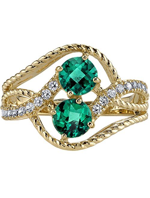 Peora Created Emerald Two-Stone Ring for Women 14K Yellow Gold, 1 Carat total Round Shape, Sizes 5 to 9