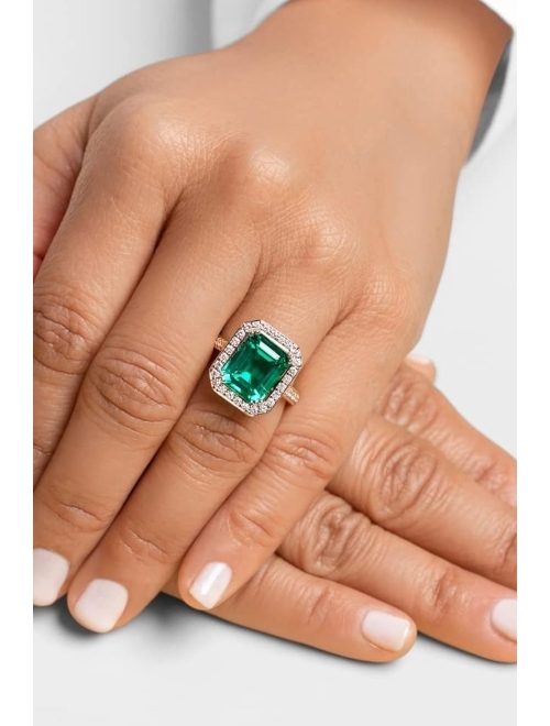 Peora Created Colombian Emerald with Lab Grown Diamonds Modern Art Deco Ring for Women 14K White or Yellow Gold, 6 Carats Total, Vivid Green 12x10mm Emerald Cut, Sizes 4 